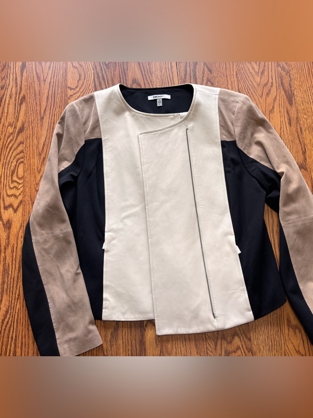DKNYC Colorblock Leather-Front Jacket in Cream, Black & Brown